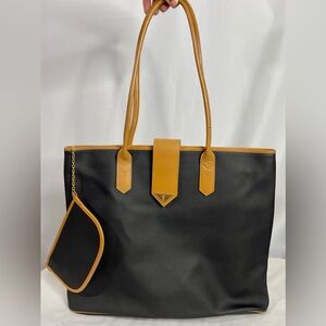 YSL Yves Saint Laurent | XL Vintage Black Canvas Tan Leather Tote Bag With Pouch